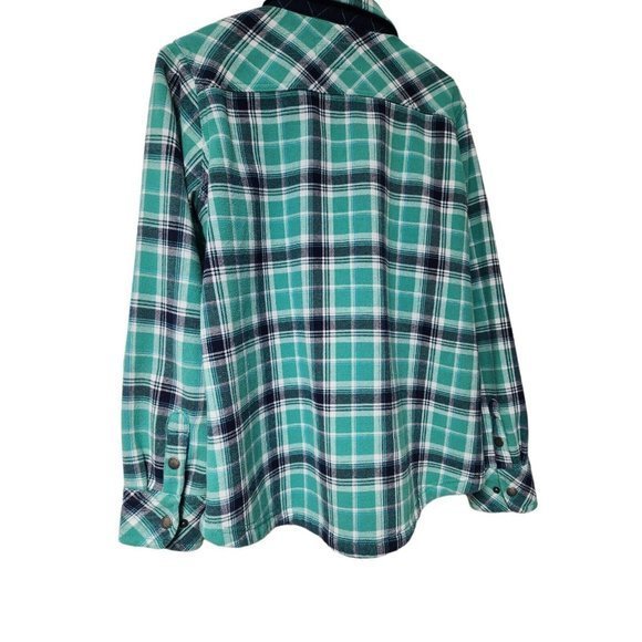 Orvis Flannel Sweater Women's Large‎ Snaps Plaid Greenish Blue - Picture 4 of 5